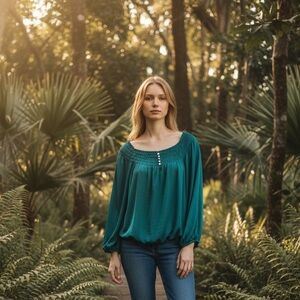 New Directions Teal Blouse with Gathered Neckline Size-XL EUC